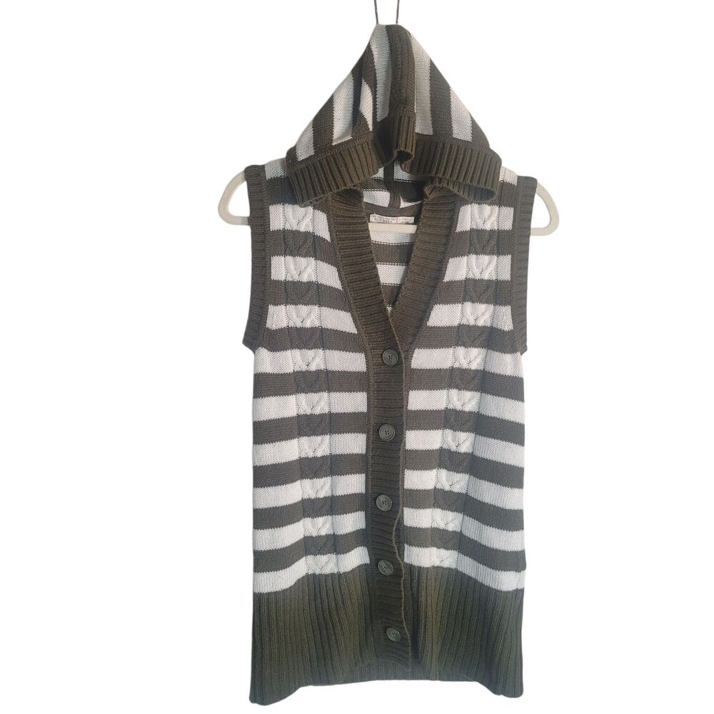 Old Navy Y2K Sweater Vest Women's Small Green White Stripes Hooded Cable Knit